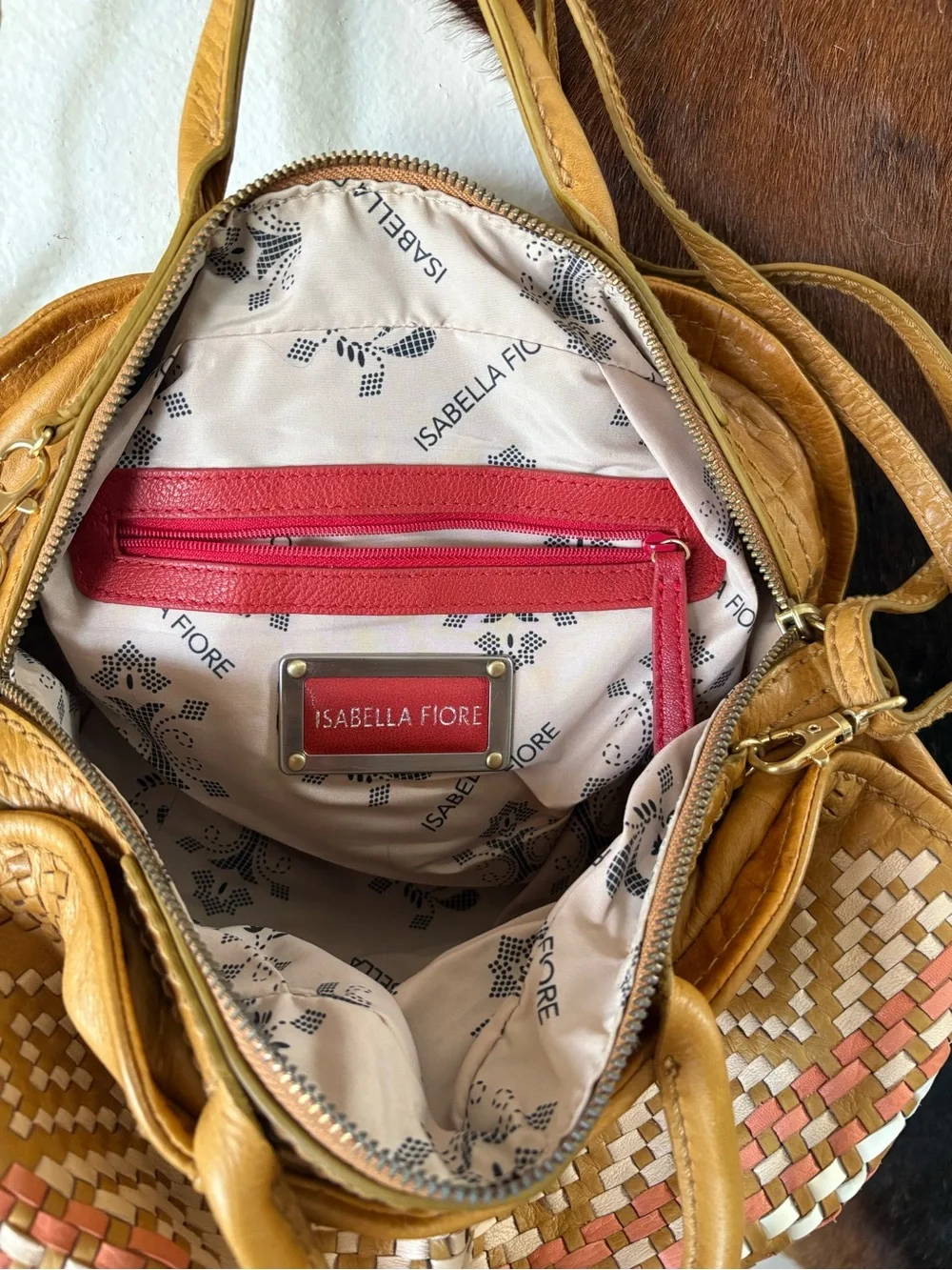 Isabella Fiore Woven Accent Satchel in Tan with Coral and Cream Detailing